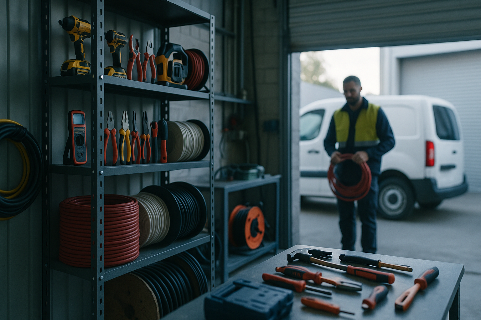 Werkstatt eines Handwerksbetriebs mit neuem Werkzeug und Transporter im Hintergrund