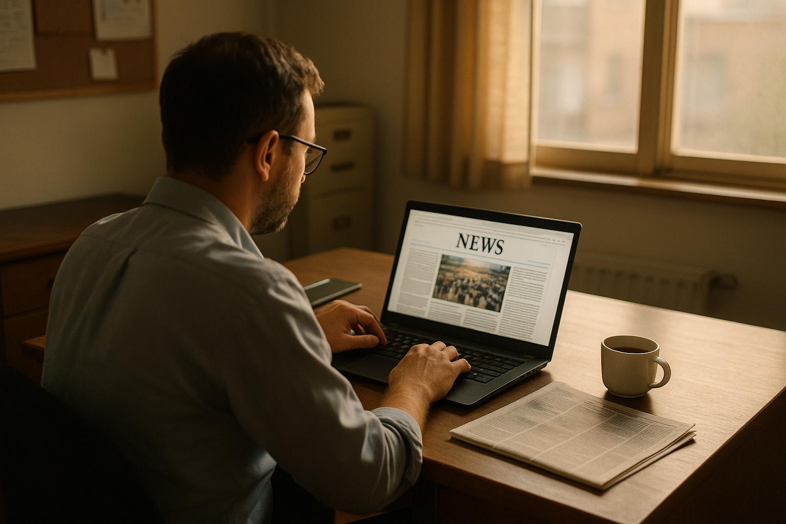 Unternehmerin liest morgens am Schreibtisch Nachrichten auf einem Laptop
