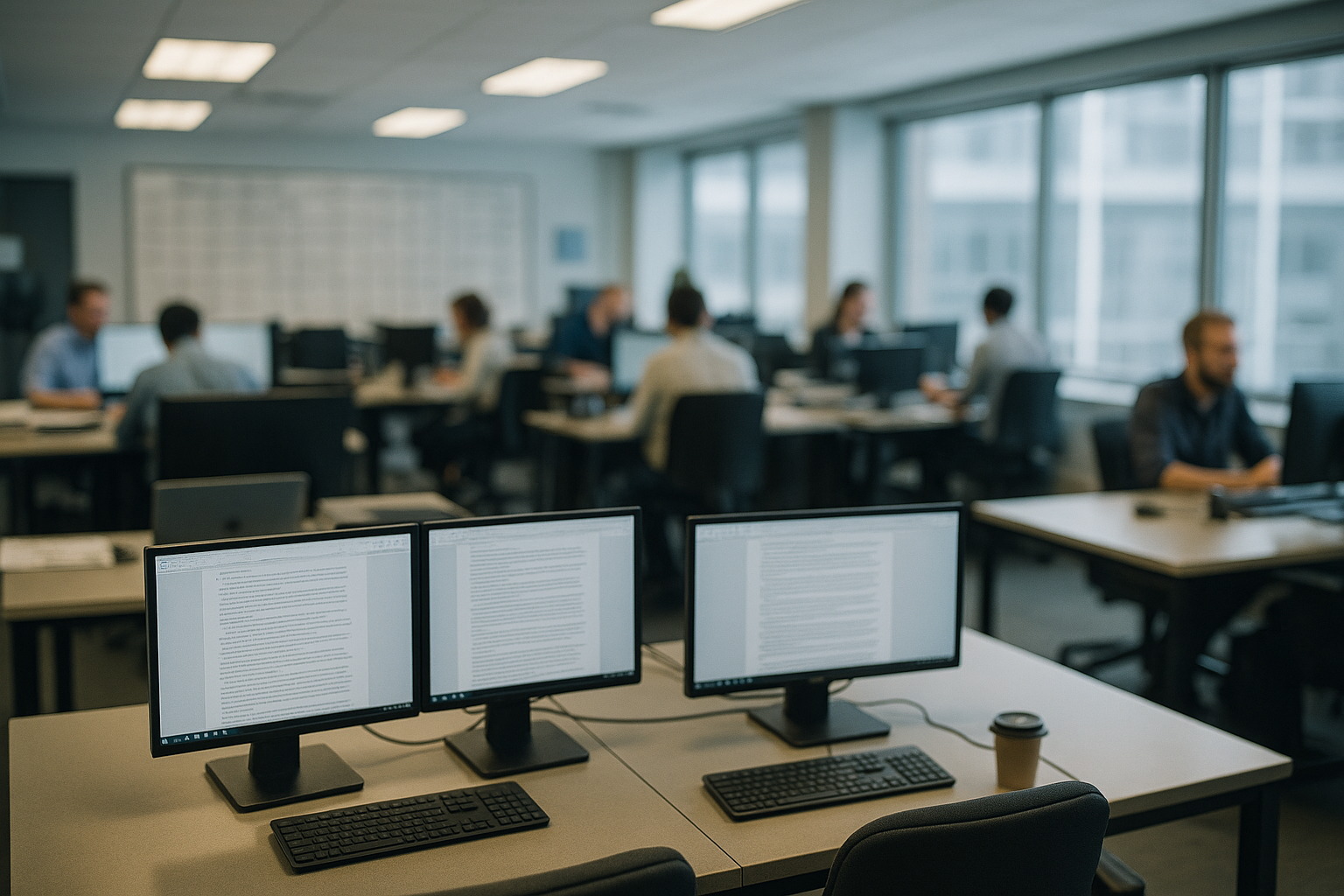 Blick in eine Onlineredaktion mit Arbeitsplätzen und Planungstafel