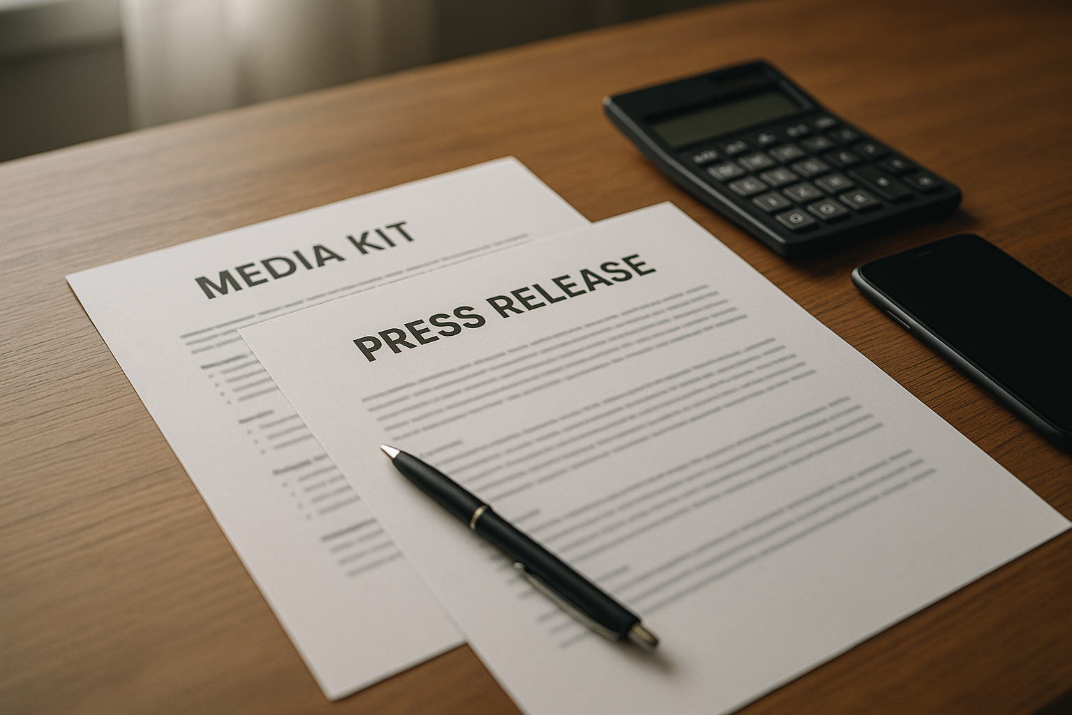 Ausgedruckte Pressemitteilung und Mediadaten auf einem Besprechungstisch